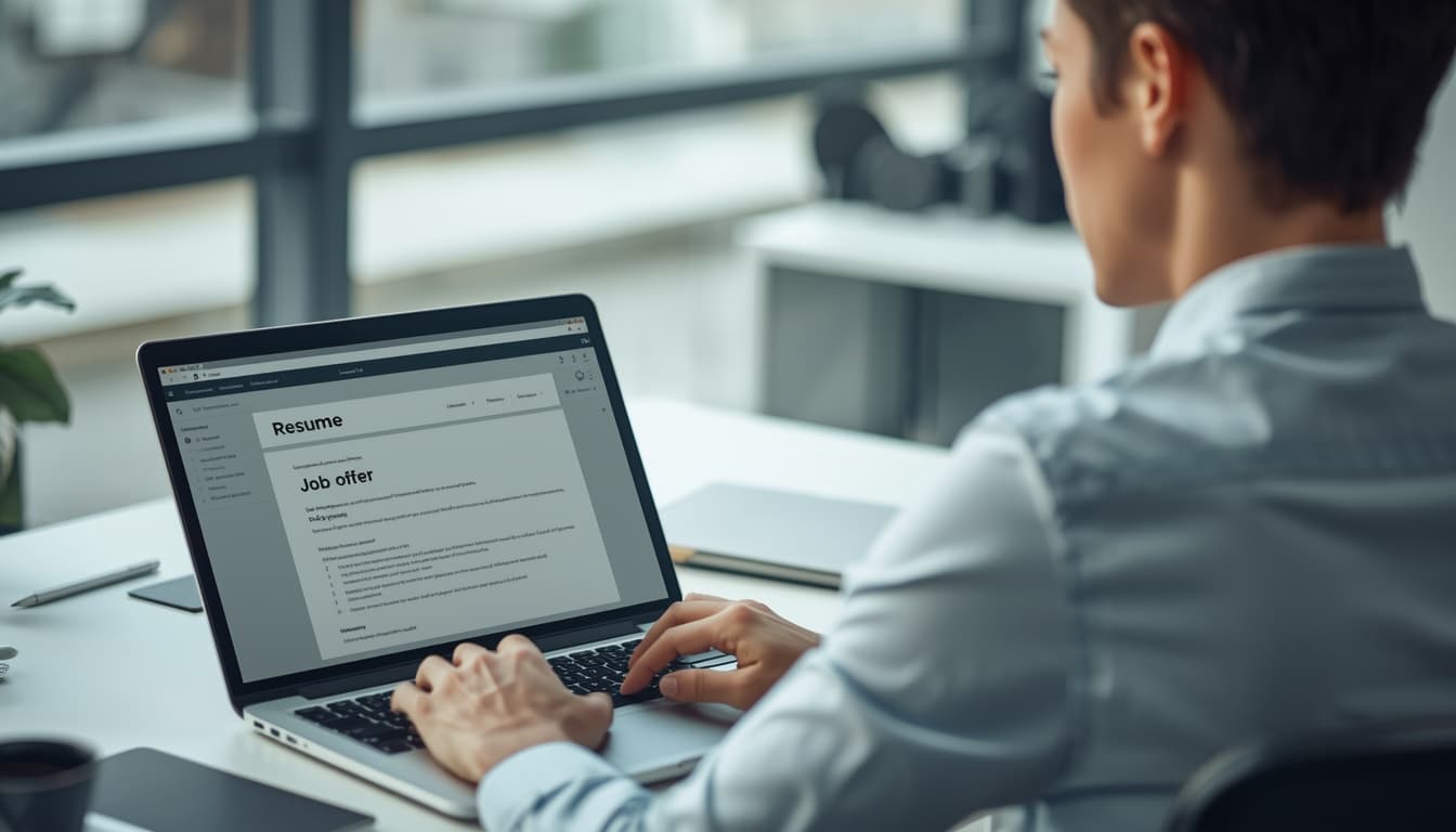 Jeune professionnel devant un ordinateur portable avec un CV et une offre visibles à l’écran